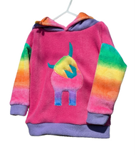 Load image into Gallery viewer, Kid's pink fleece hoodie with rainbow highland coo