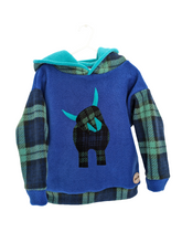 Load image into Gallery viewer, Kid's cobalt fleece hoodie with Highland cow