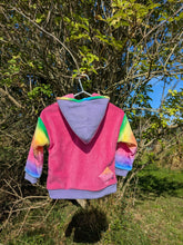 Load image into Gallery viewer, Kid's pink fleece hoodie with rainbow highland coo