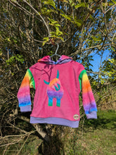Load image into Gallery viewer, Kid's pink fleece hoodie with rainbow highland coo