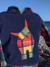 Load image into Gallery viewer, Kid's blue fleece hoodie with Highland cow