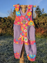 Load image into Gallery viewer, Kid's fleece dungaree pink flower with deep lilac patches
