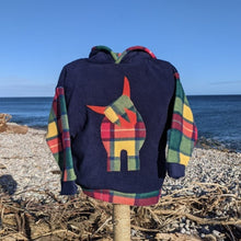 Load image into Gallery viewer, Navy blue fleece hoody with tartan highland cow and Buchanan fleece sleeves