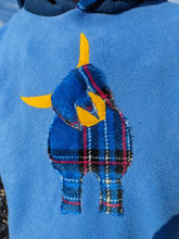 Load image into Gallery viewer, Kid&#39;s sky blue fleece hoodie with Highland coo
