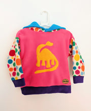Load image into Gallery viewer, Kids pink fleece hoodie with dinosaur.
