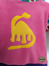 Load image into Gallery viewer, Kids pink fleece hoodie with dinosaur.
