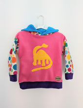 Load image into Gallery viewer, Kids pink fleece hoodie with dinosaur.
