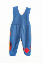 Load image into Gallery viewer, Kid&#39;s fleece dungaree in denim blue with Royal Stewart tartan
