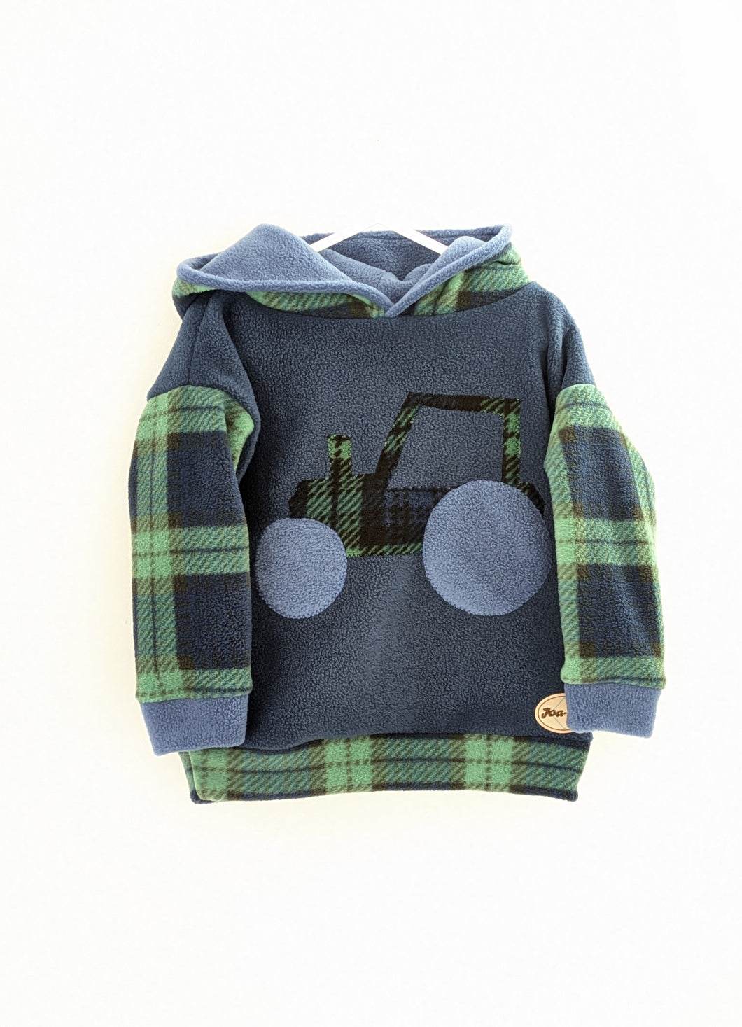 Kid's navy blue fleece hoodie with Black Watch tartan tractor