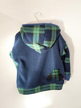 Load image into Gallery viewer, Kid&#39;s navy blue fleece hoodie with Black Watch tartan tractor
