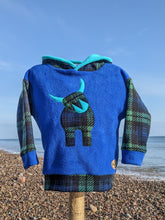 Load image into Gallery viewer, Kid&#39;s cobalt fleece hoodie with Highland cow
