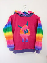 Load image into Gallery viewer, Bright pink and rainbow highland coo fleece hoodie
