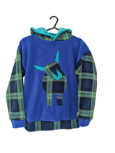 Load image into Gallery viewer, Cobalt blue hoodie with Black watch tartan highland coo
