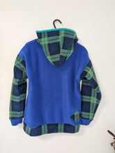 Load image into Gallery viewer, Cobalt blue hoodie with Black watch tartan highland coo
