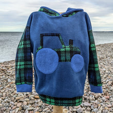 Load image into Gallery viewer, Blue fleece kids hoody with Black Watch tartan tractor and sleeves
