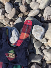 Load image into Gallery viewer, Kid&#39;s fleece dungaree, navy blue with Bucannan tartan
