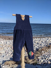 Load image into Gallery viewer, Kid&#39;s fleece dungaree, navy blue with Bucannan tartan
