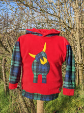 Load image into Gallery viewer, red fleece hoody with cute highland cow and tartan sleeces
