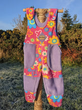 Load image into Gallery viewer, Kid&#39;s fleece dungaree pink flower with deep lilac patches

