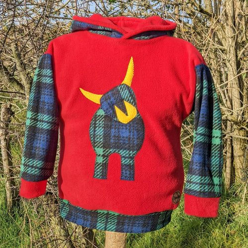 Red kids fleece hoody with Black Watch tartan highland cow and Black Watch tartan fleece sleeves